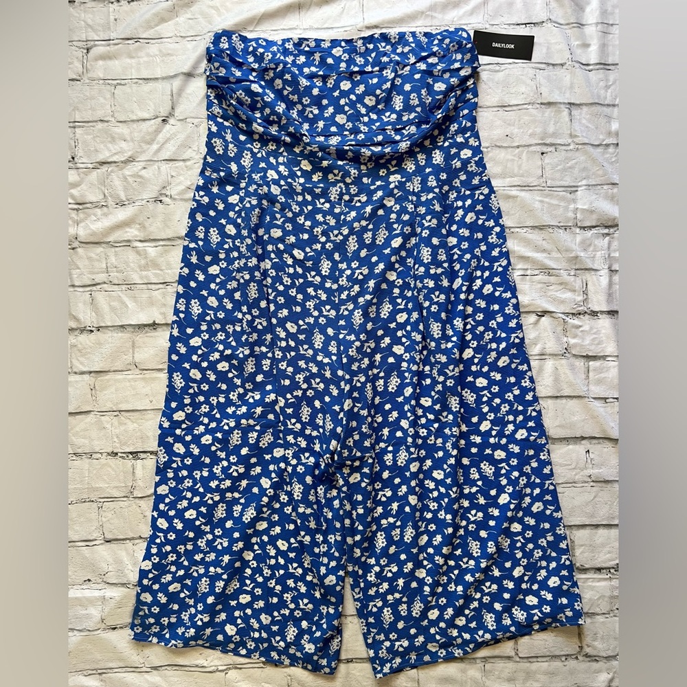 Sugarlips  plus size 2X blue and white strapless wide leg floral